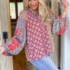 Women's Orange Mixed Floral Printed Long Sleeve Tied V Neck Blouse - Image 3