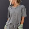 Women's Gray Solid Color Waffle Knit T-Shirt and Shorts Set - Casual Chic Two Piece Outfit - Image 7