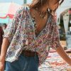 Women's Multicolour Bohemian Floral V Neck Loose Half Sleeve Blouse - Chic Summer Top - Image 3