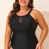 Plus Size Black Halter Mesh Insert One Piece Swimsuit with Knotted Back - Image 3