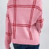 Women's Pink Plaid Pattern Knitted Drop Shoulder Sweater - Cozy and Stylish - Image 2