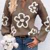 Women's Elegant Parchment Contrast Floral Half Zipper Sweater - Image 3