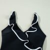 Women's Elegant Black Color Contrast Ruffled Wrap V Neck One-Piece Swimsuit - Image 16