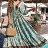 Women's Green Boho Floral Print Lace-up Open Back High Waist Maxi Dress - Image 5