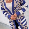 Women's Dark Blue Stripe Sleeve Leopard Print Open Front Cardigan with Pockets - Image 4