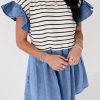 Chic Women's Black Stripe Ruffle Denim Patchwork Mini Dress - Image 9