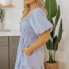 Women's Sky Blue Stripe Bubble Sleeve Square Neck Ruched Pocketed Babydoll Dress - Image 3