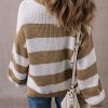 Women's Light French Beige Colorblock Striped Drop Shoulder Sweater with Side Slit - Image 2