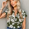 Chic Women's Green Floral Print Short Sleeve Blouse with Split Neck Design - Image 12