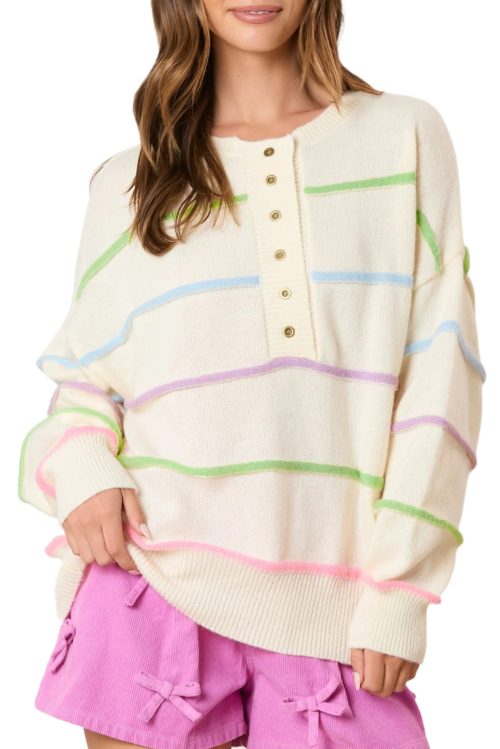 Women's White Rainbow Stripes Drop Shoulder Baggy Henley Sweater