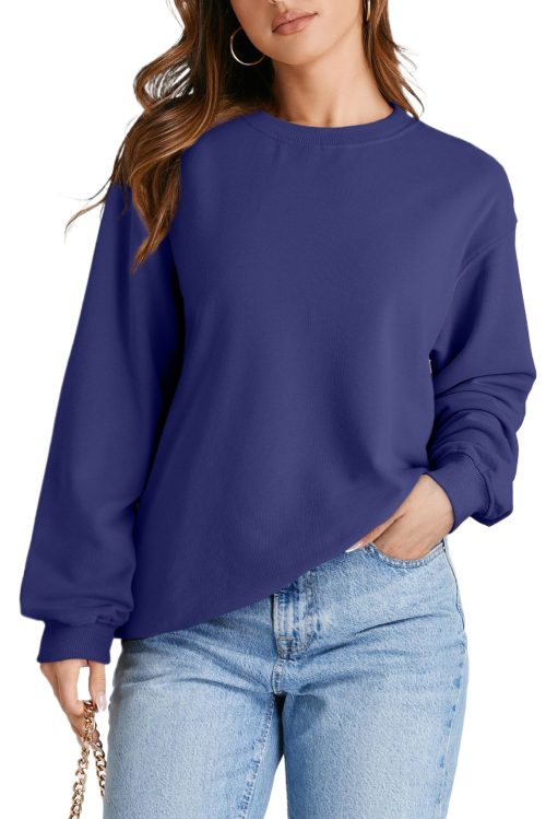 Women's Navy Blue Drop Shoulder Crewneck Pullover Sweatshirt - Cozy & Casual