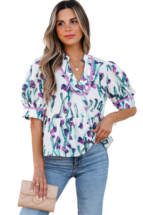 Women's Purple Floral Ricrac Trim Peplum Top with Puff Sleeves