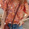 Women's Orange Floral Print Ruffled Flutter Sleeve Frilled V Neck Blouse - Image 3