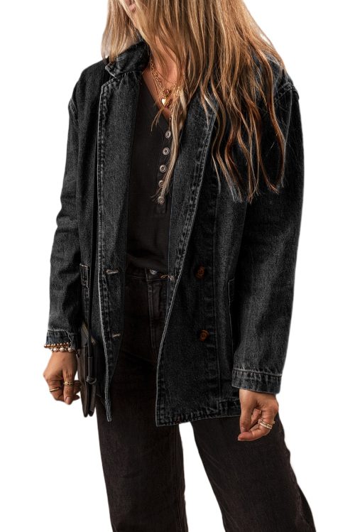 Women's Classic Black Denim Jacket with Lapel Collar and Side Pockets