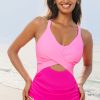 Chic Rose Red Ric Rac Trim Cutout One Piece Swimsuit with Contrasting Patchwork Design - Image 6