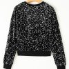 Women's Black Sequined Long Sleeve Crew Neck Cropped Blouse - Image 10