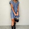 Women's Beau Blue Tie V Neck Denim Shift Dress with Tucking Detail and Pockets - Image 13