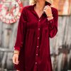 Women's Fiery Red Long Sleeve Ruffle Velvet Button Up Mini Dress - Image 3