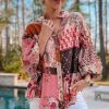 Women's Red Boho Geometric Mixed Print Bubble Sleeve Shirt - Vintage Chic Style - Image 3