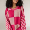 Women's Rose Red Mixed Checkered Pattern Drop Shoulder Sweater - Image 3