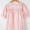 Chic Pink Stripe Plus Size Blouse with Puff Sleeves and Tassel Tie Detail - Image 7