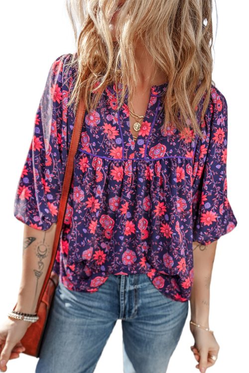 Women's Purple Floral Half Sleeve Split Neck Blouse - Chic Summer Top