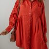 Women's Tomato Red Bishop Sleeve Button Up Pleated Mini Dress - Image 3