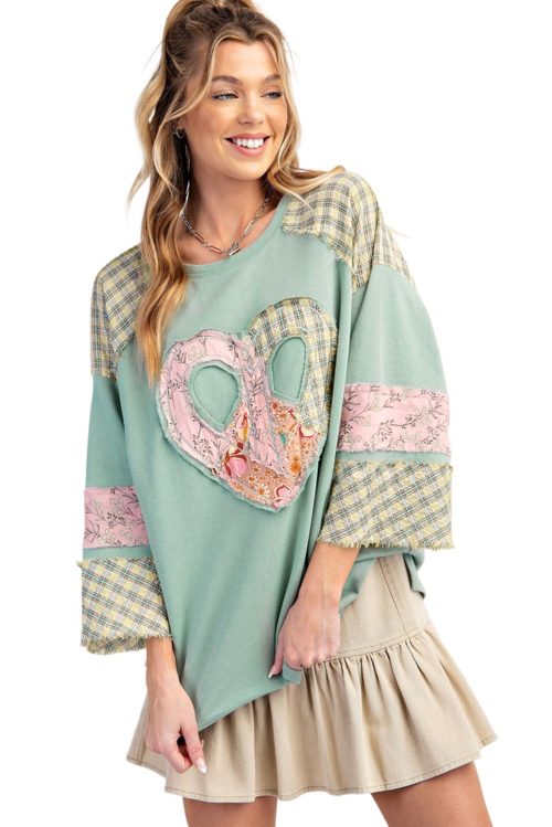 Women's Clearly Aqua Plaid Floral Peace Heart Graphic Wide Long Sleeve Top