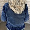 Women's Navy Blue Ruffle Raw Hem Denim Jacket with Flap Pockets - Image 2