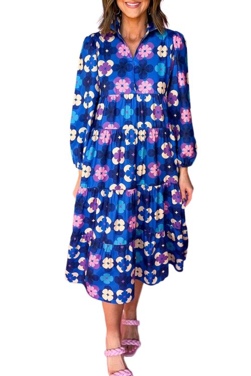 Women's Blue Floral Peasant Sleeve Tiered Ruffle Midi Dress