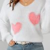 Women's White Pearl Beaded Heart Pattern Fuzzy V Neck Sweater for Daily Wear - Image 2