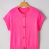 Bright Pink Distressed Hem Short Sleeve Knitted Button Front Sweater for Women - Image 8