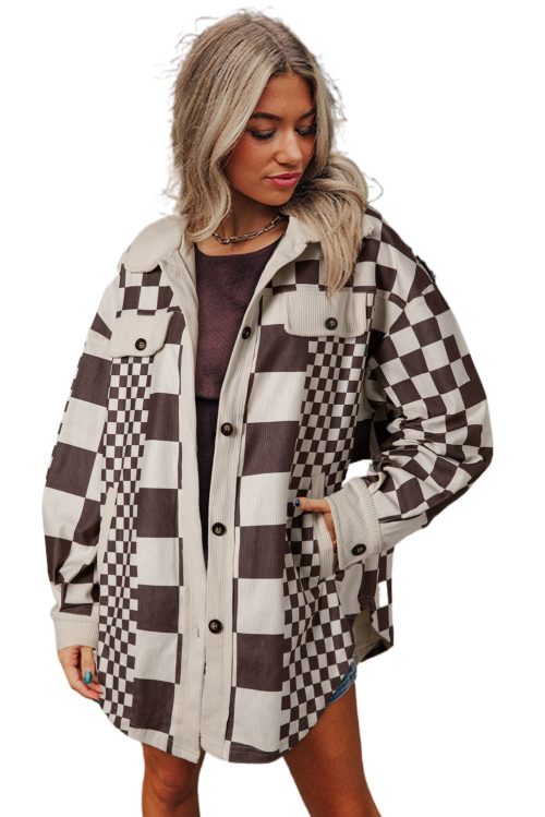 Women's Brown Checkered Print Corduroy Shacket