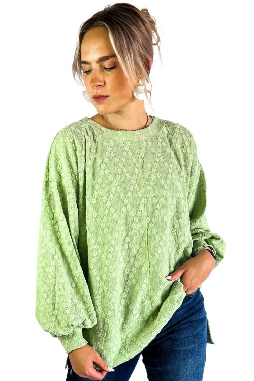 Women's Light Green Textured Crew Neck Blouse with Side Split Detail