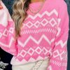 Women's Pink Aztec Geometric Drop Shoulder Casual Sweater - Image 8