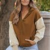 Women's Stylish Chestnut Color Block Half Zip Hoodie - Image 15