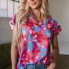 Women's Rose Red Floral Blouse with Ruffled Sleeves - Feminine V Neck Design - Image 8