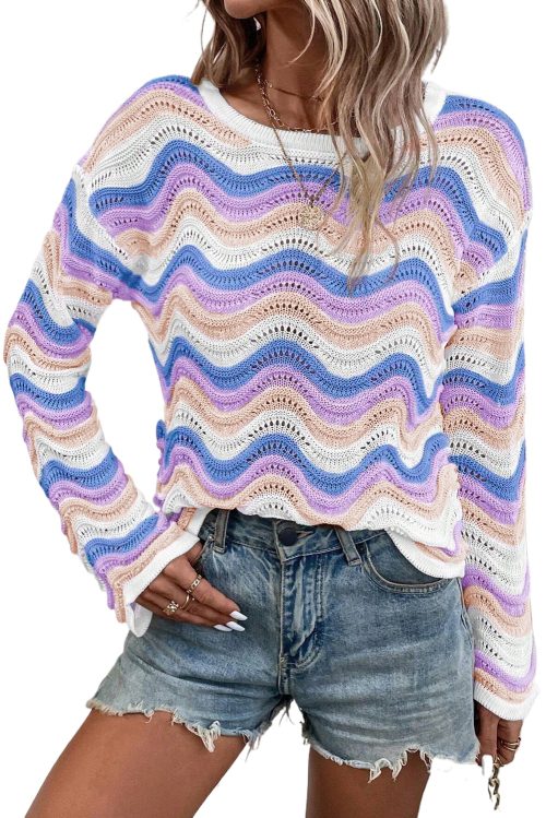 Women's Purple Stripe Wavy Pointelle Knit Drop Shoulder Sweater