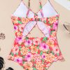 Women's Red Floral Ruffle Trim Cutout Knotted One Piece Swimsuit for Summer Vacations - Image 10