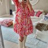 Women's Red Floral Print High Waist V Neck Babydoll Mini Dress - Playful & Elegant - Image 9