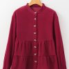 Women's Burgundy Corduroy Ruffle Tiered Button O Neck Shirt - Image 8