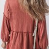 Women's Mineral Red Textured Frilled Trim V Neck Puff Sleeve Blouse - Chic and Casual - Image 2