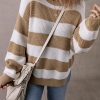 Women's Light French Beige Colorblock Striped Drop Shoulder Sweater with Side Slit - Image 6