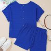 Stylish Sky Blue Jacquard Textured Buttoned Tee and Shorts Set for Women - Image 7