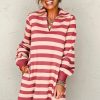 Women's Pink Stripe Collared V Neck Long Sleeve Casual Dress with Pockets - Image 5