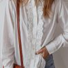 Women's White Lace Crochet Trim Long Sleeve Shirt with Turn-Down Collar - Image 3