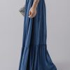 Women's Sail Blue Solid Color Lace-Up High Waist Tiered Maxi Skirt - Image 3