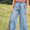 Women's Myosotis Light Wash Wide Leg Jeans with Raw Hem and Ruffles - Image 4