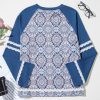 Women's Blue Geometric Printed Lace Patchwork Raglan Long Sleeve Top - Image 6