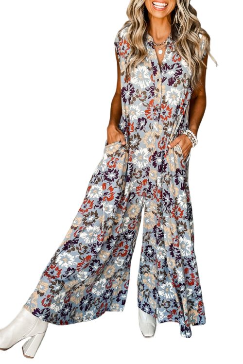 Women's Sky Blue Floral Sleeveless Wide Leg Jumpsuit with Pockets